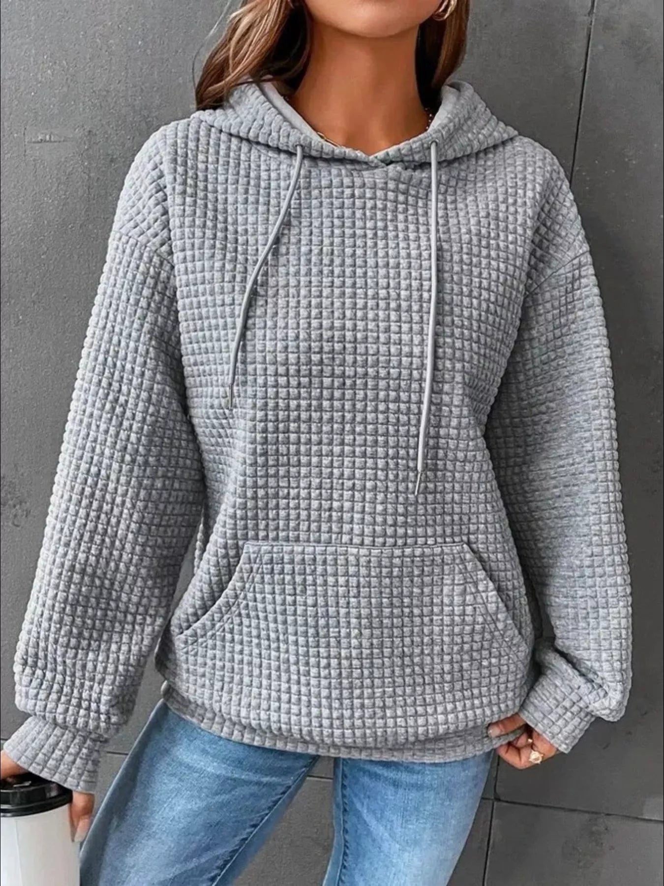 Sarah Express Women's Waffle Knit Hoodie with Drawstring and Pockets Gray