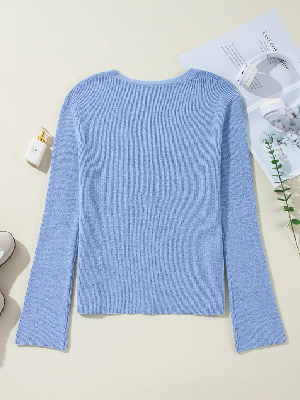 Sarah Express Women's Ribbed Knit Button Front V Neck Cardigan