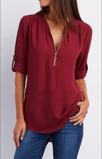 Ruched Half Zip V-Neck Blouse with Rollable Sleeves