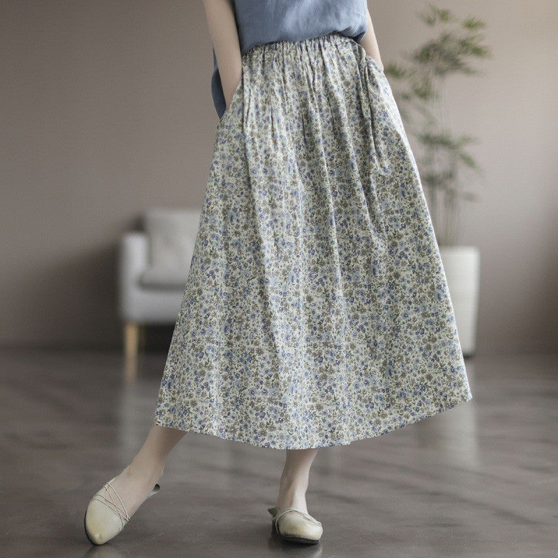 Floral Print Cotton Midi Skirt Elastic Waist Women's