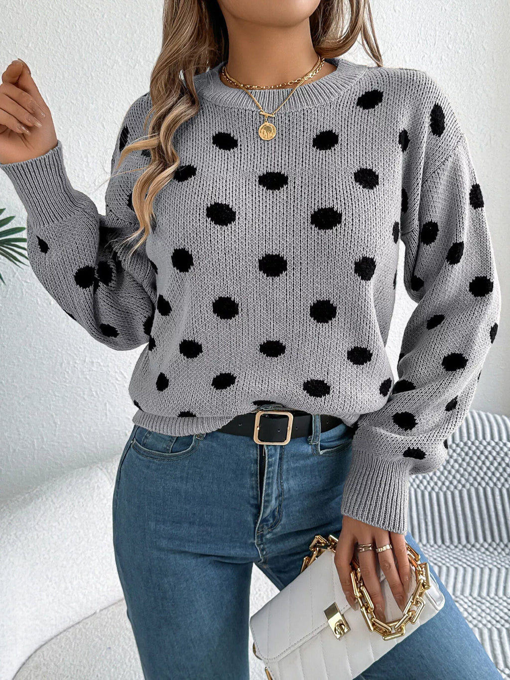 Sarah Express Women's Polka Dot Round Neck Sweater