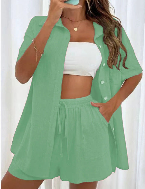 Women's Two-Piece Shirt & Shorts Set - Solid Color Cotton Coordinated Suit