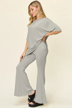 Sarah Express Women's Round Neck Drop Shoulder T-Shirt and Flare Pants Set
