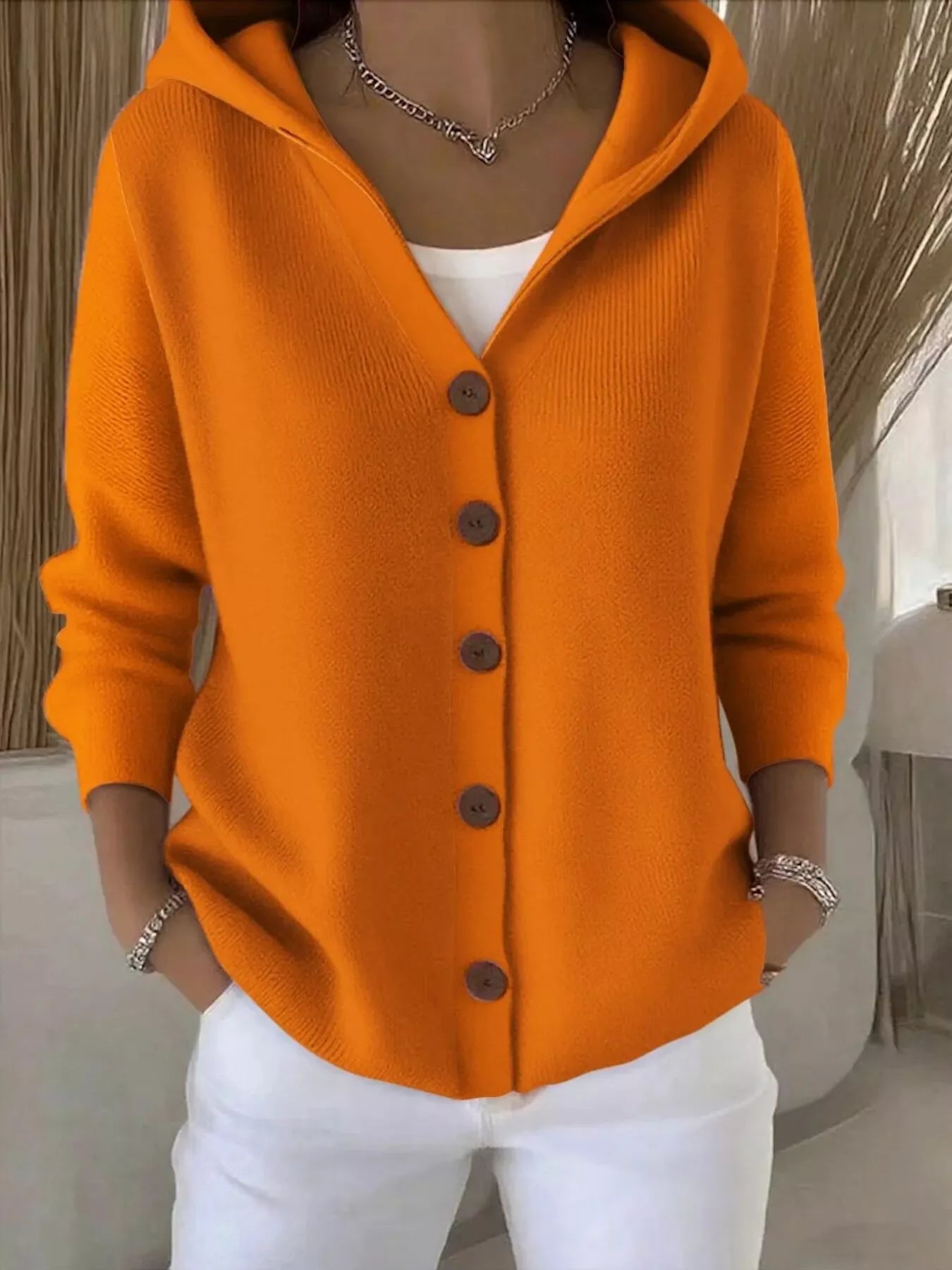 Sarah Express Women's Hooded Button-Front Soft Knit Cardigan Plus Size Orange