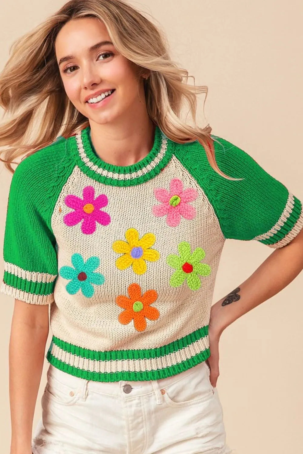 Sarah Express Women’s Short Sleeve Sweater with Crochet Flower Patches and Striped Trim
