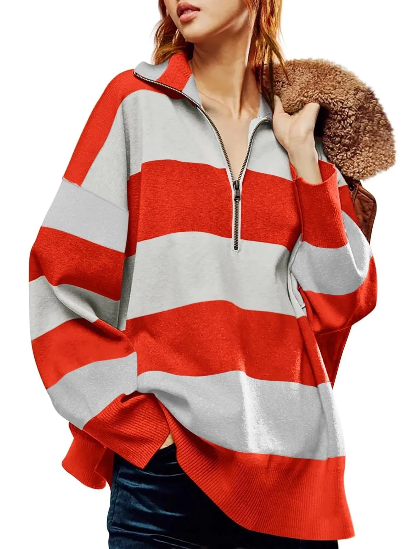 Sarah Express Women's Striped Half-Zip Oversized Sweatshirt - Retro Color Block Pullover Red