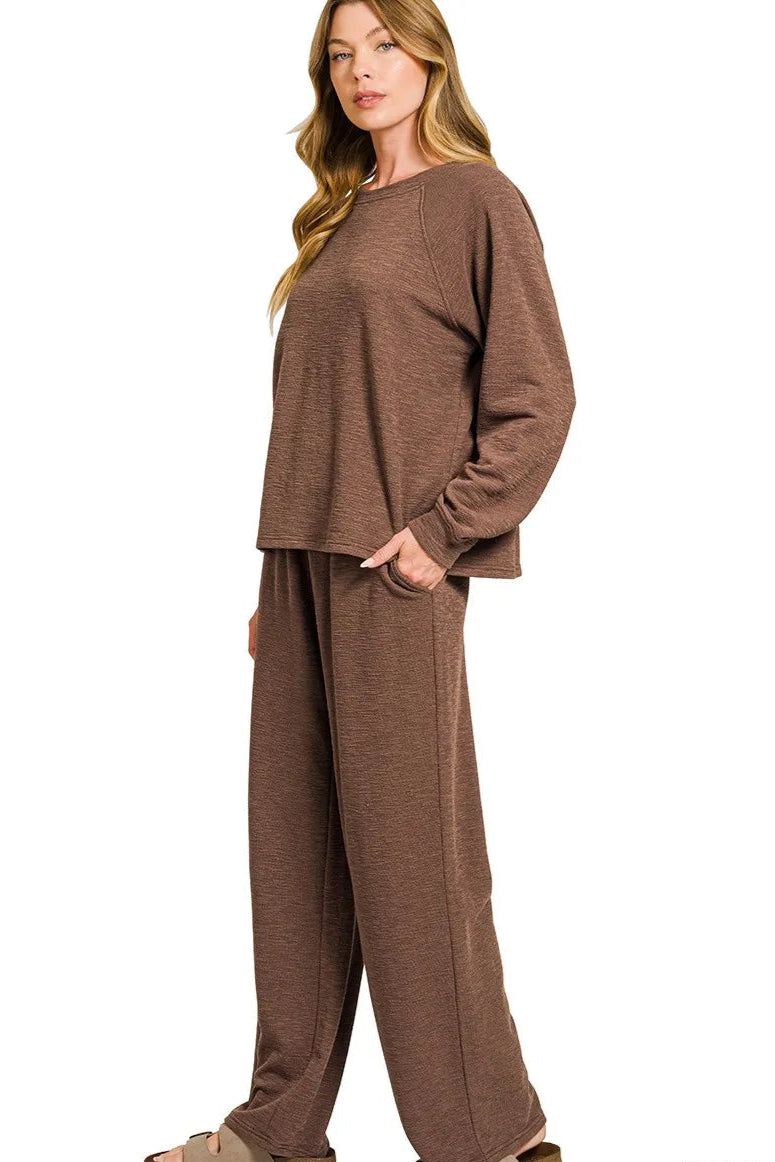 Sarah Express Women’s Slub Knit Lounge Set with Long Sleeve Top and Pants
