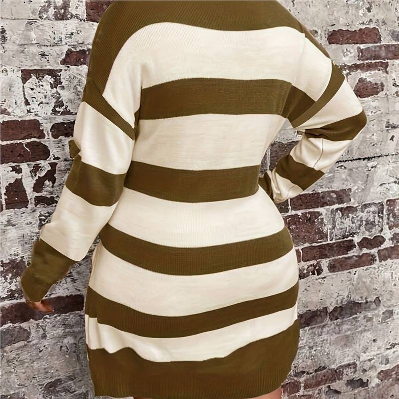 Women's Plus Size Striped Knit Dress - Long Sleeve Midi Length