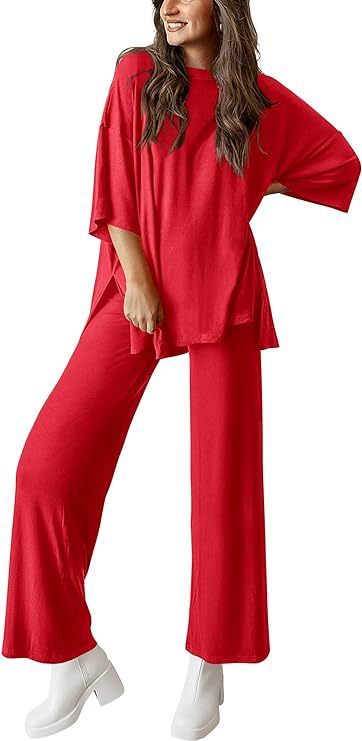 Two Piece Pullover Top Wide Leg Pants Set Polyester