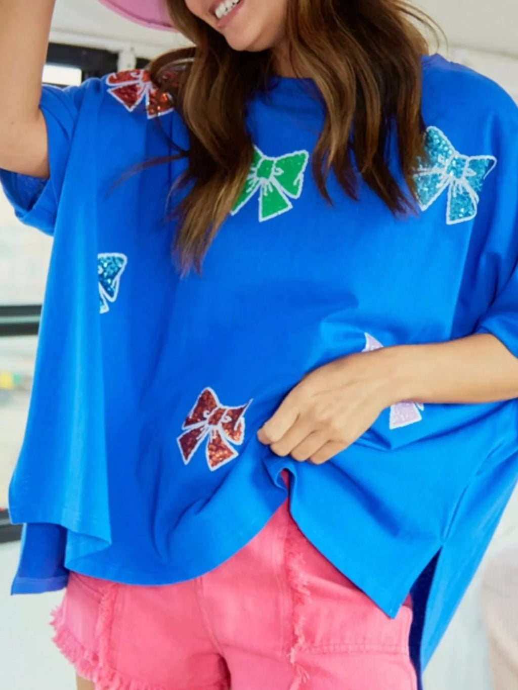 Sarah Express Women's Sequin Bow Round Neck T-Shirt - Oversized Casual Top