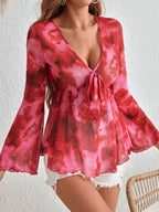 Sarah Express Women's Tie-Front Flare Sleeve Blouse Strawberry