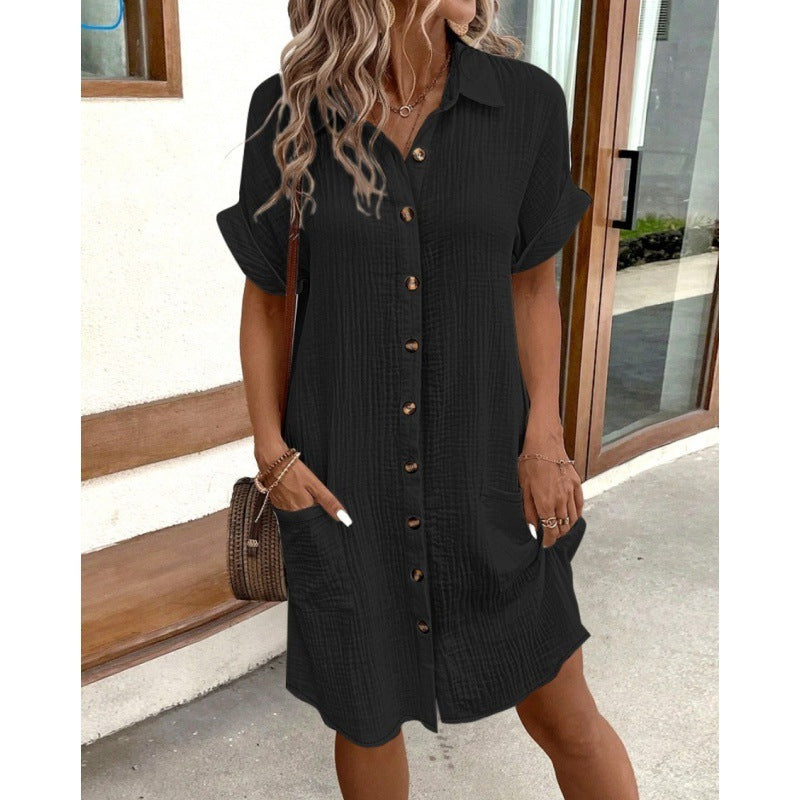 V-Neck Button Front Shirt Dress - A-Line Short Sleeve Women's Dress