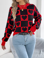 Sarah Express Women's Heart Checkerboard Pattern Round Neck Sweater