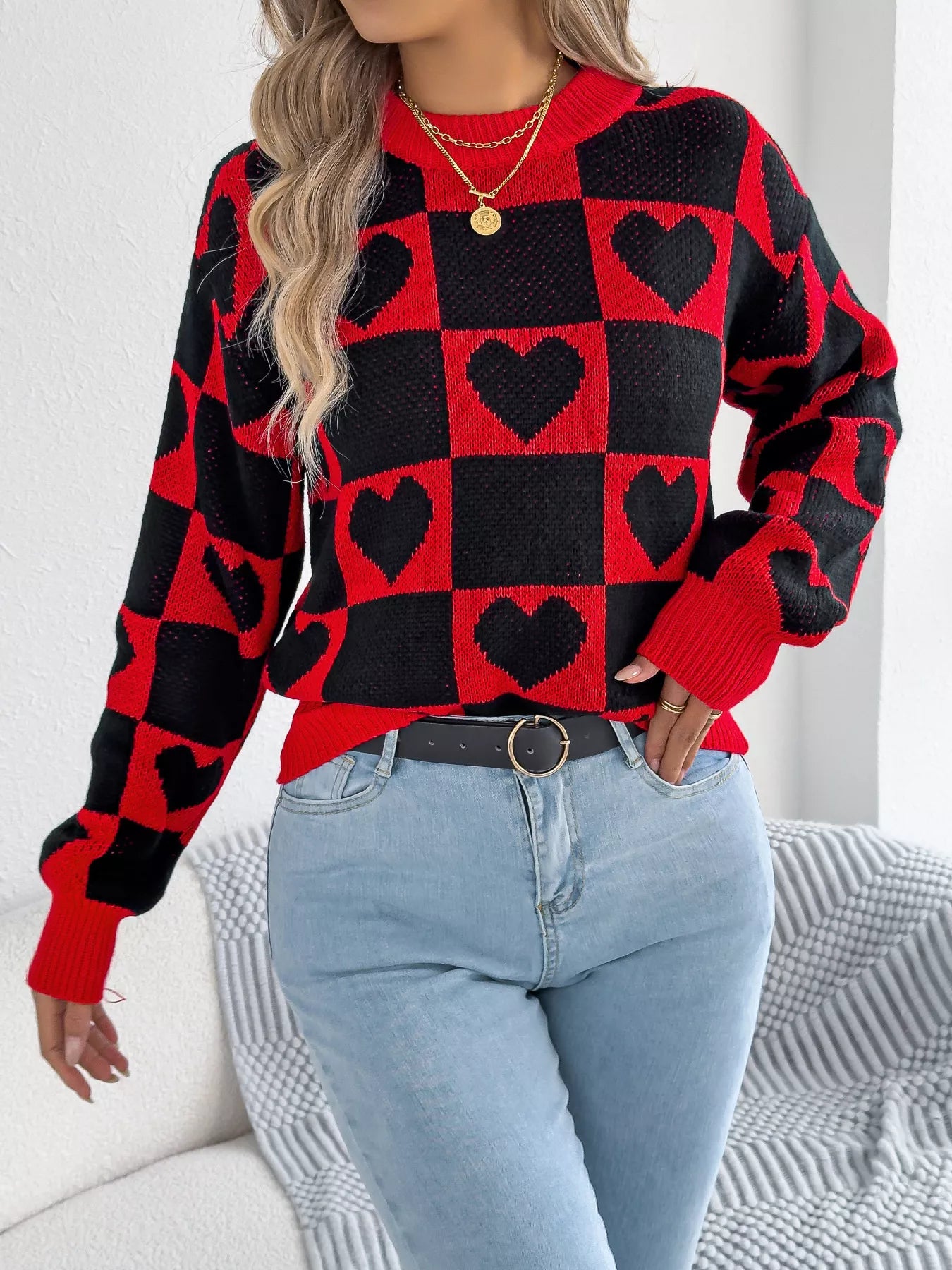 Sarah Express Women's Heart Checkerboard Pattern Round Neck Sweater