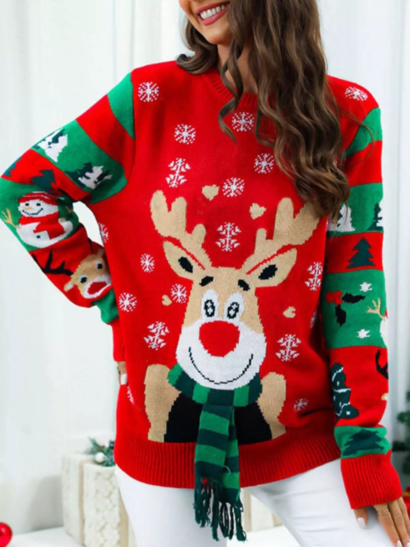 Sarah Express Women's Reindeer Christmas Long Sleeve Sweater Red