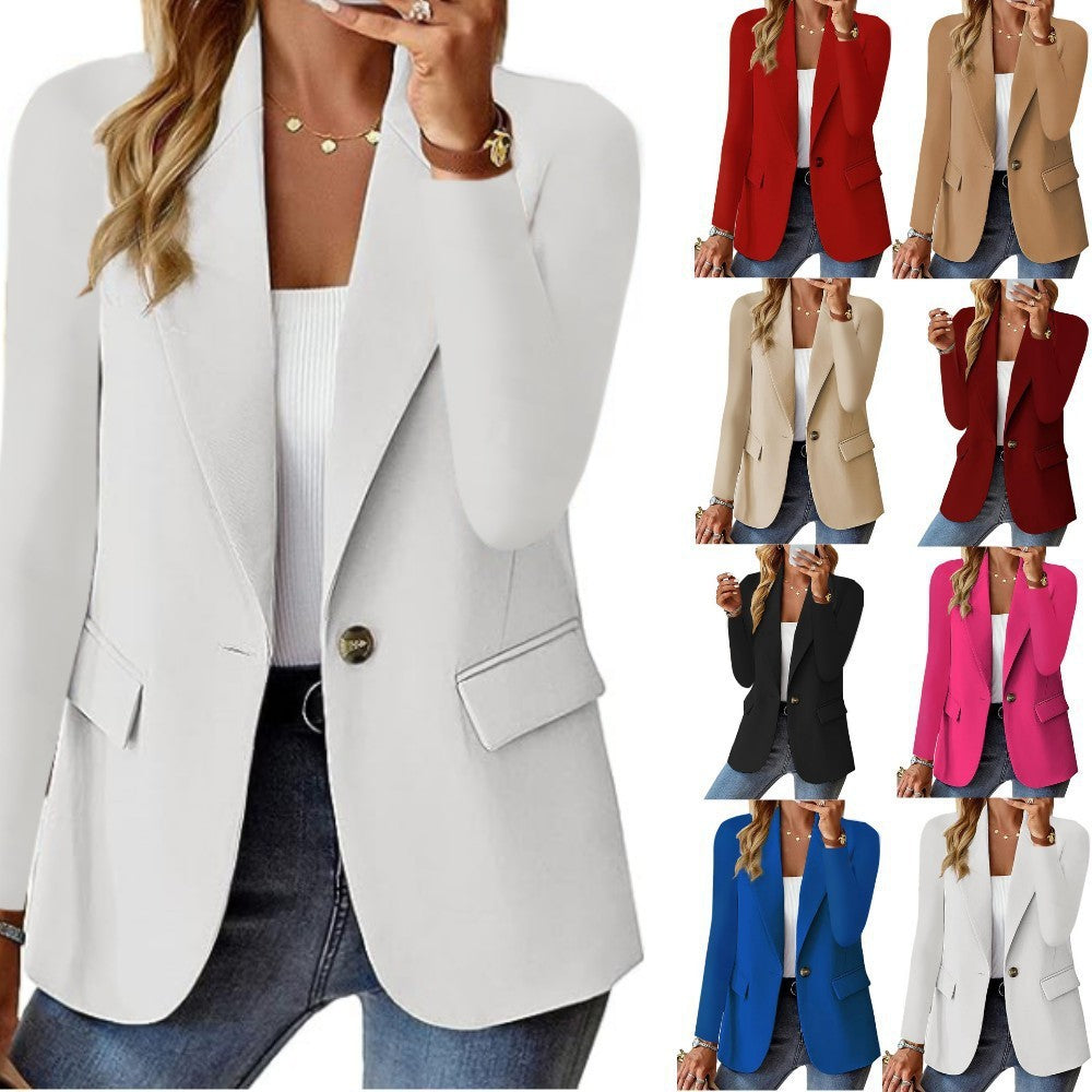 Women's Button-Front Blazer Jacket Long Sleeve Lapel Suit Jacket with Pockets