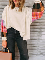 Sarah Express Women's Plaid Sleeve Contrast Casual Sweatshirt