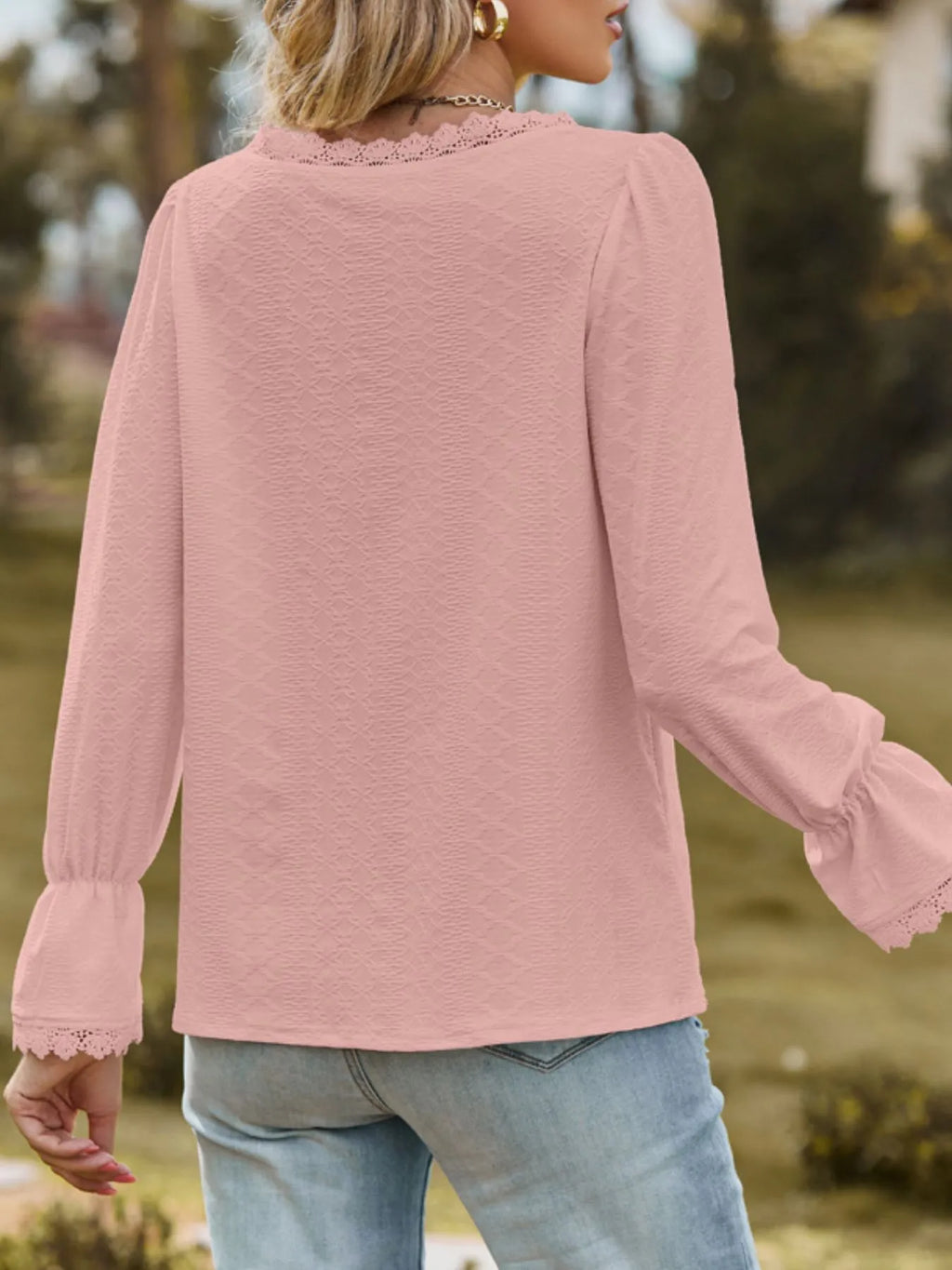 Sarah Express Women's Lace Trim V-Neck Blouse with Flounce Sleeves