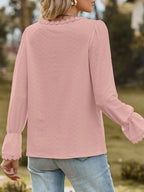 Sarah Express Women's Lace Trim V-Neck Blouse with Flounce Sleeves