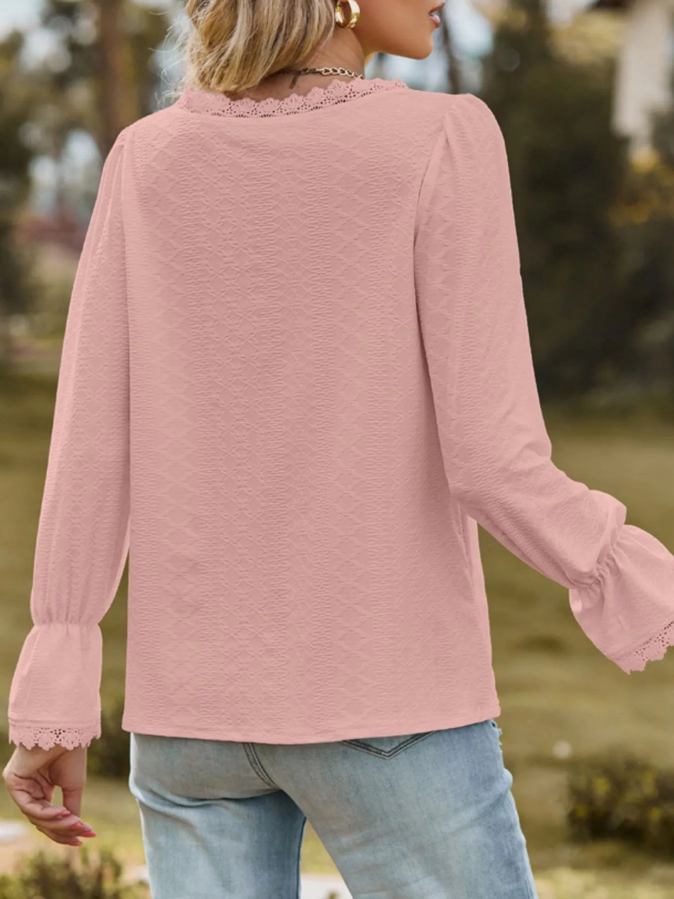 Sarah Express Women's Lace Trim V-Neck Blouse with Flounce Sleeves