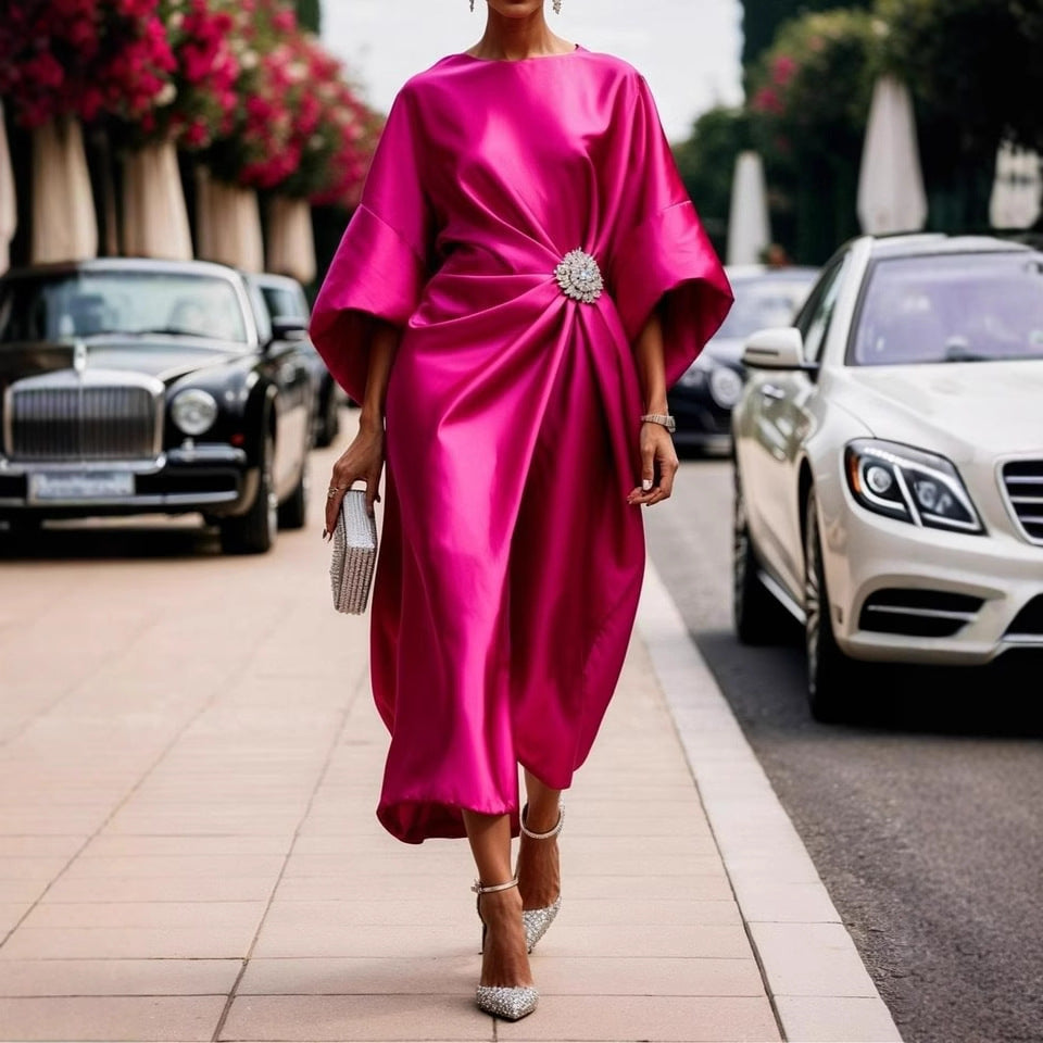 Women's Elegant Floral Beaded Satin Dress - High Waist Long Sleeve Evening Dress