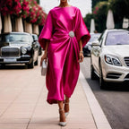 Women's Elegant Floral Beaded Satin Dress - High Waist Long Sleeve Evening Dress