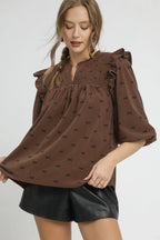 Sarah Express Women’s Bow Print Corduroy Blouse with Puff Sleeves and Ruffles