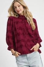 Sarah Express women’s 100% cotton heart jacquard shirt featuring delicate ruffle trim detailing.