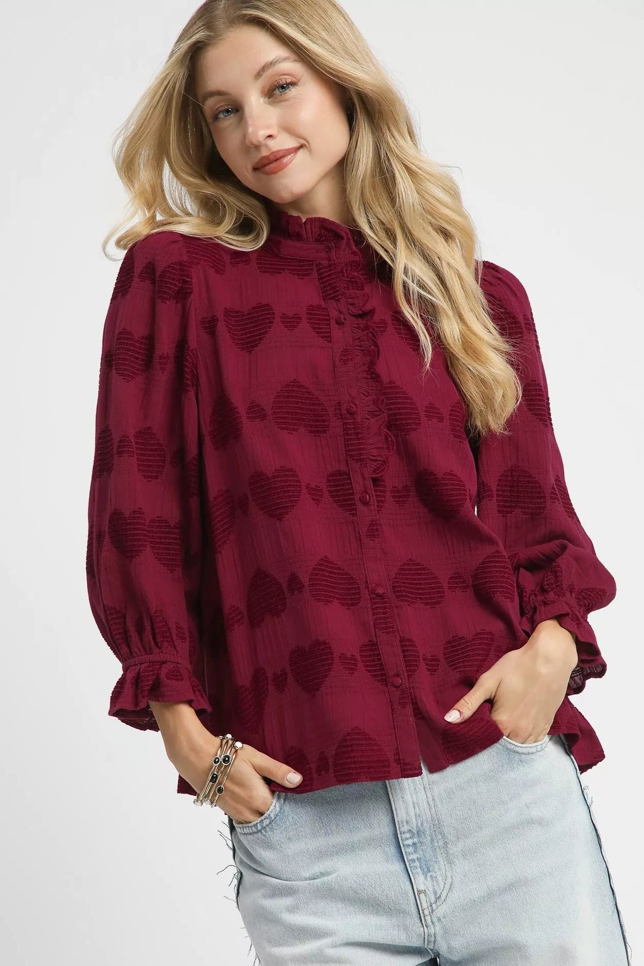 Sarah Express women’s 100% cotton heart jacquard shirt featuring delicate ruffle trim detailing.