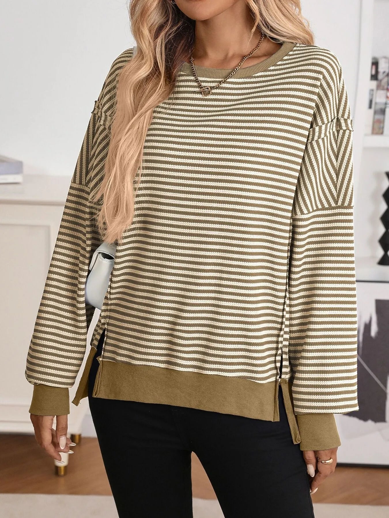 Sarah Express Women's Exposed Seam Striped Contrast Sweatshirt Khaki
