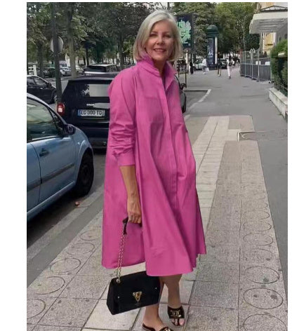 Women's Polo Collar Shirt Dress Long Sleeve Mid Length Cotton Blend Casual