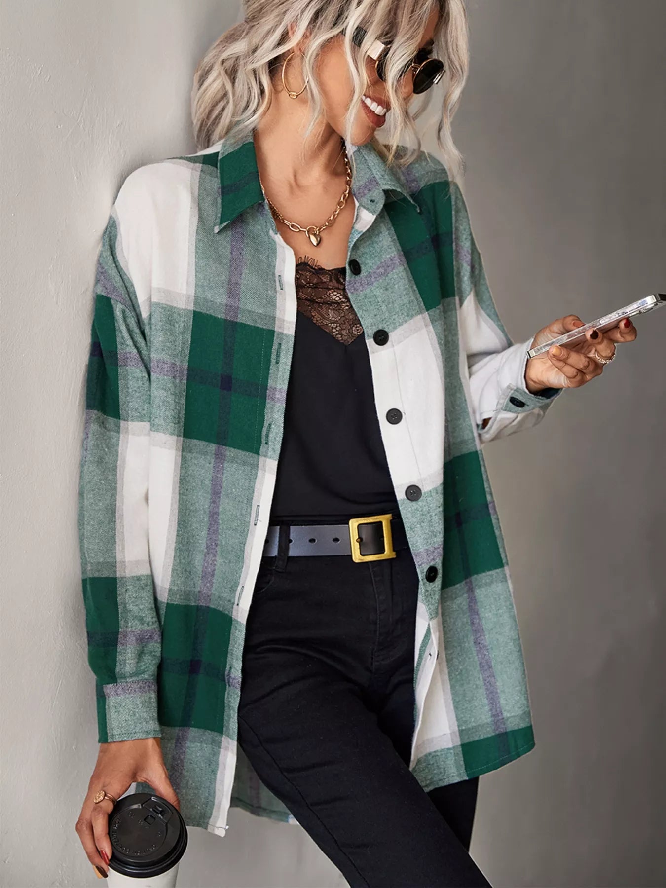 Sarah Express Women's Plaid Button-Down Long Sleeve Shirt Dark Green