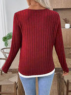 Sarah Express Women's Ribbed Knit Button Detail Contrast Sweater