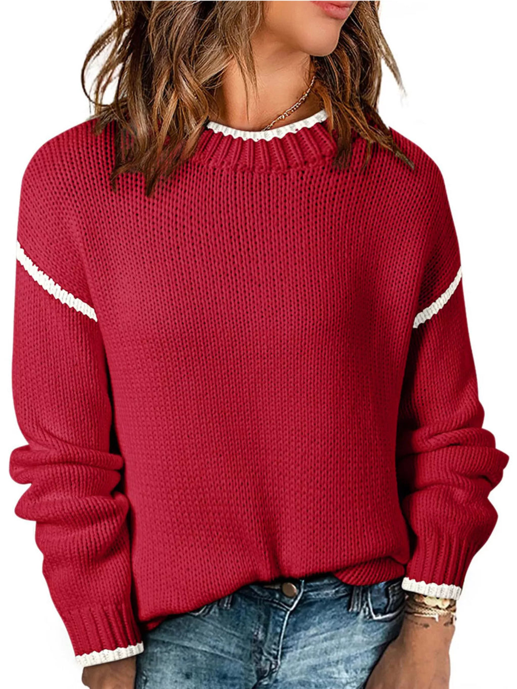 Sarah Express Women's Contrast Trim Long Sleeve Sweater