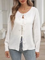 Sarah Express Women's Tie-Front Long Sleeve Cardigan - Ribbed Knit Sweater with Pockets