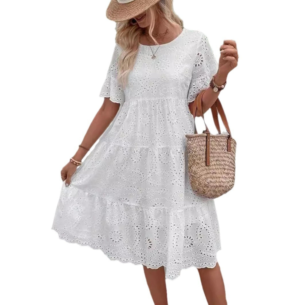 Women's Embroidered Floral Maxi Dress Ruffle Sleeve A-Line White Cotton Blend