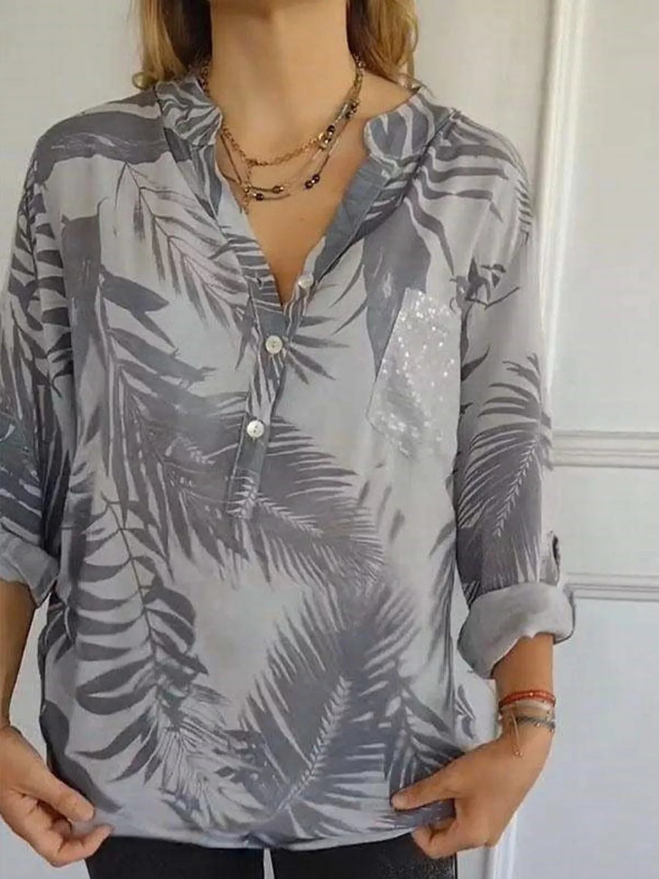 Sarah Express Women's Printed Button Detail Long Sleeve Blouse Plus Size Gray