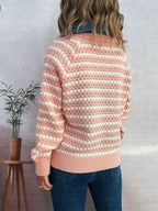 Sarah Express Women's Contrast Striped Sweater with Denim Collar - Openwork Knit Pullover