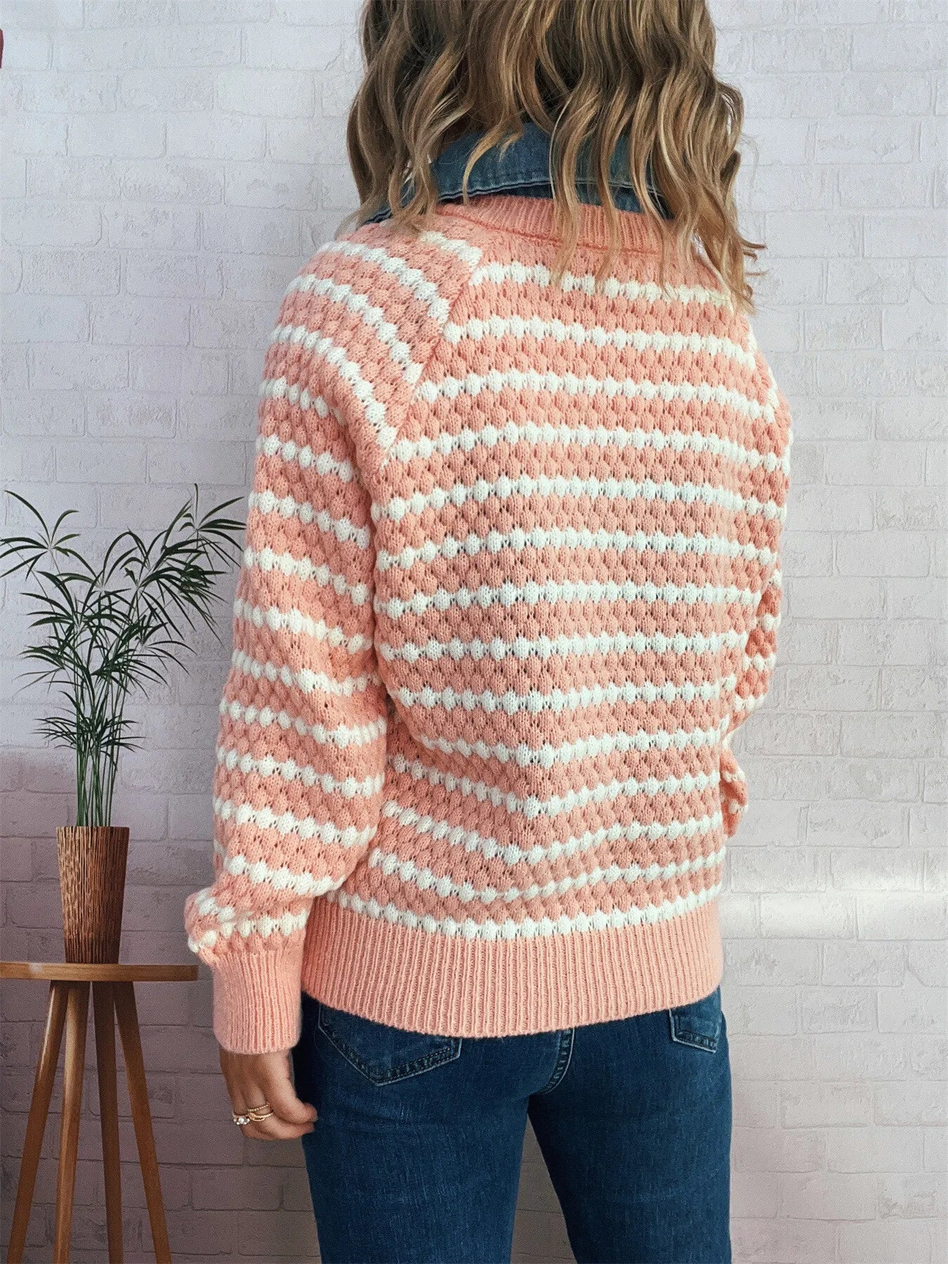 Sarah Express Women's Contrast Striped Sweater with Denim Collar - Openwork Knit Pullover