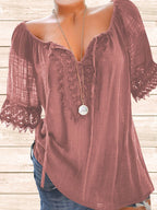 Women's Boho Lace Trim V-Neck Casual Shirt