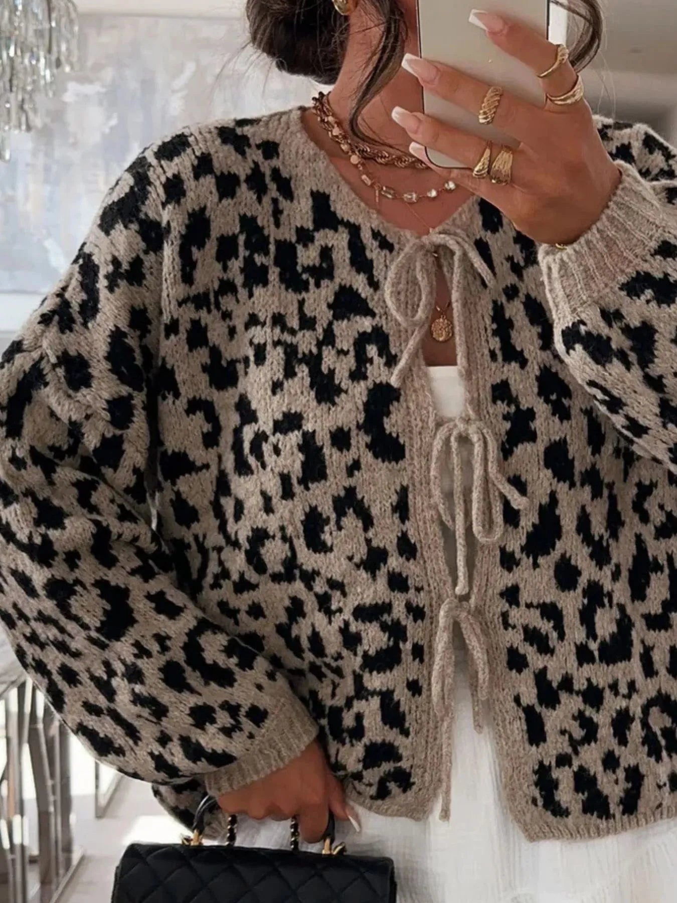 Sarah Express Women's Leopard Tie Front Cardigan Mocha