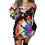 Women's Off-Shoulder Graffiti Print Lace-Up Long Sleeve Top