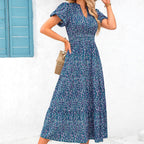Floral V-Neck Bubble Pleated Maxi Dress Elastic Waist Short Sleeve
