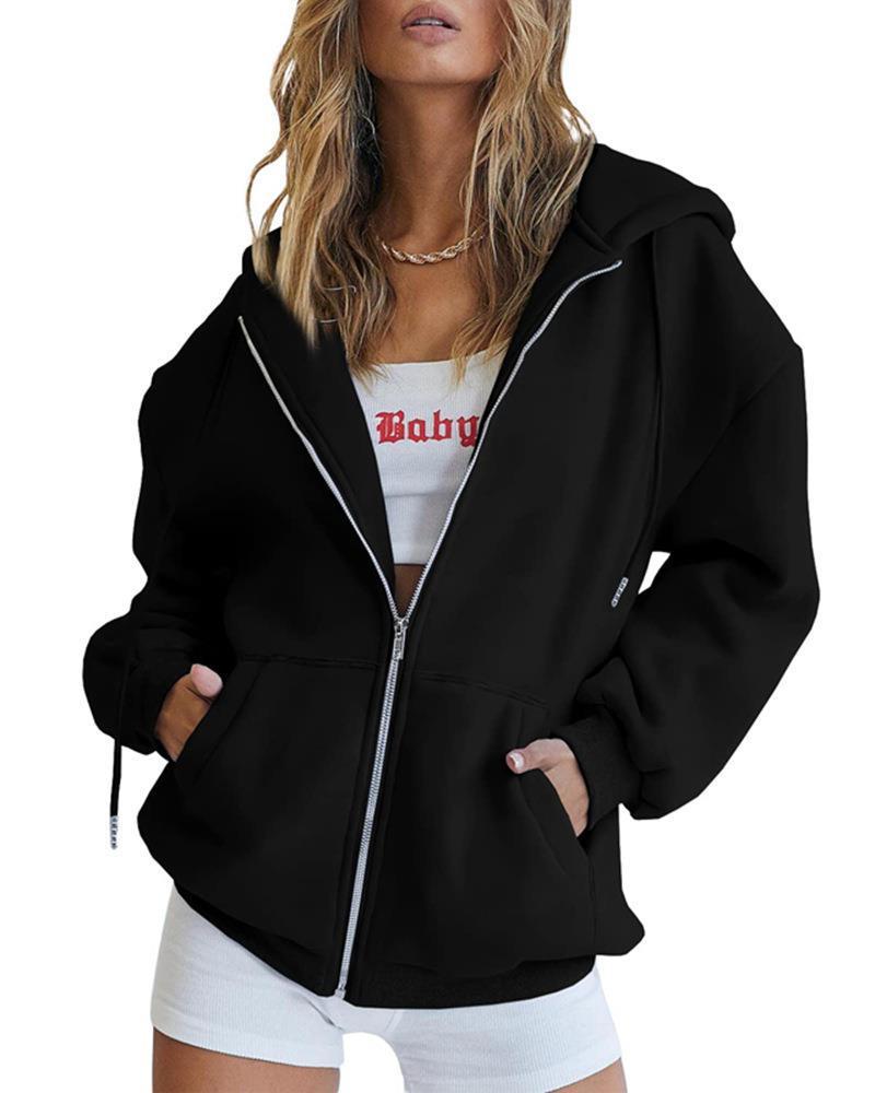 Women's Zip Up Hoodie Solid Color Drawstring Sweatshirt Casual Long Sleeve Fall Winter Top