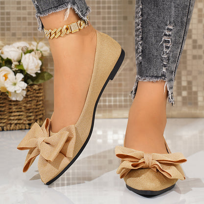 Sarah Express Women's Plus-Size Bow-Tie Slip-On Loafer Shoes | Pointed Toe, Low Heel, Cotton Upper