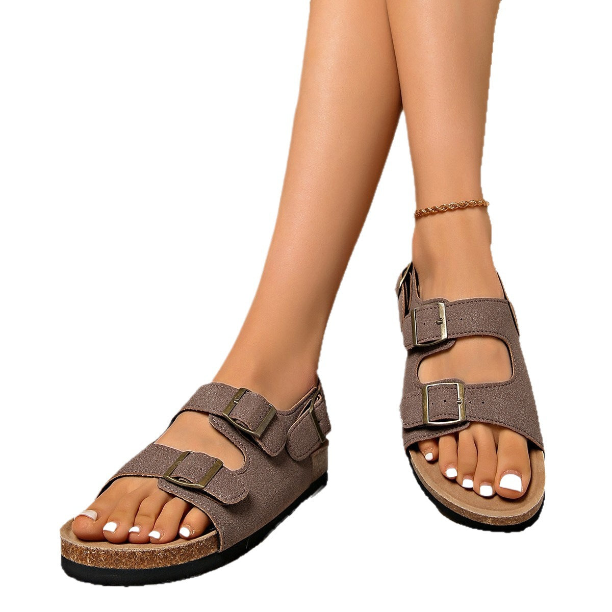 Sarah Express Women's Retro Roman Buckle Sandals | PU Round-Toe Flat Sandals