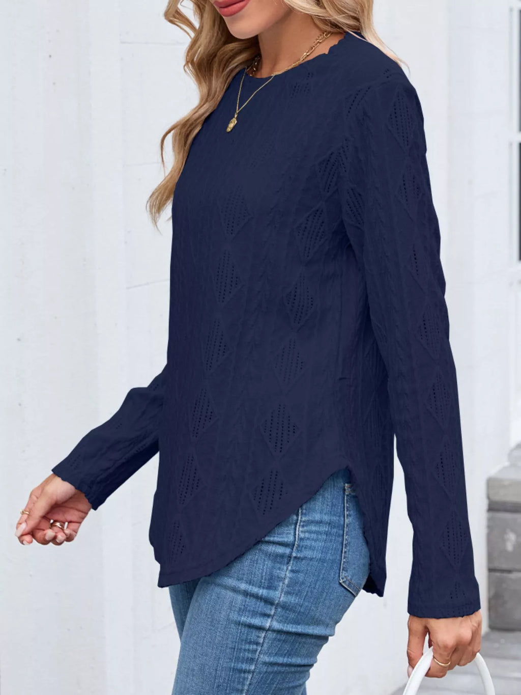 Sarah Express Women's Openwork Textured Long Sleeve Top