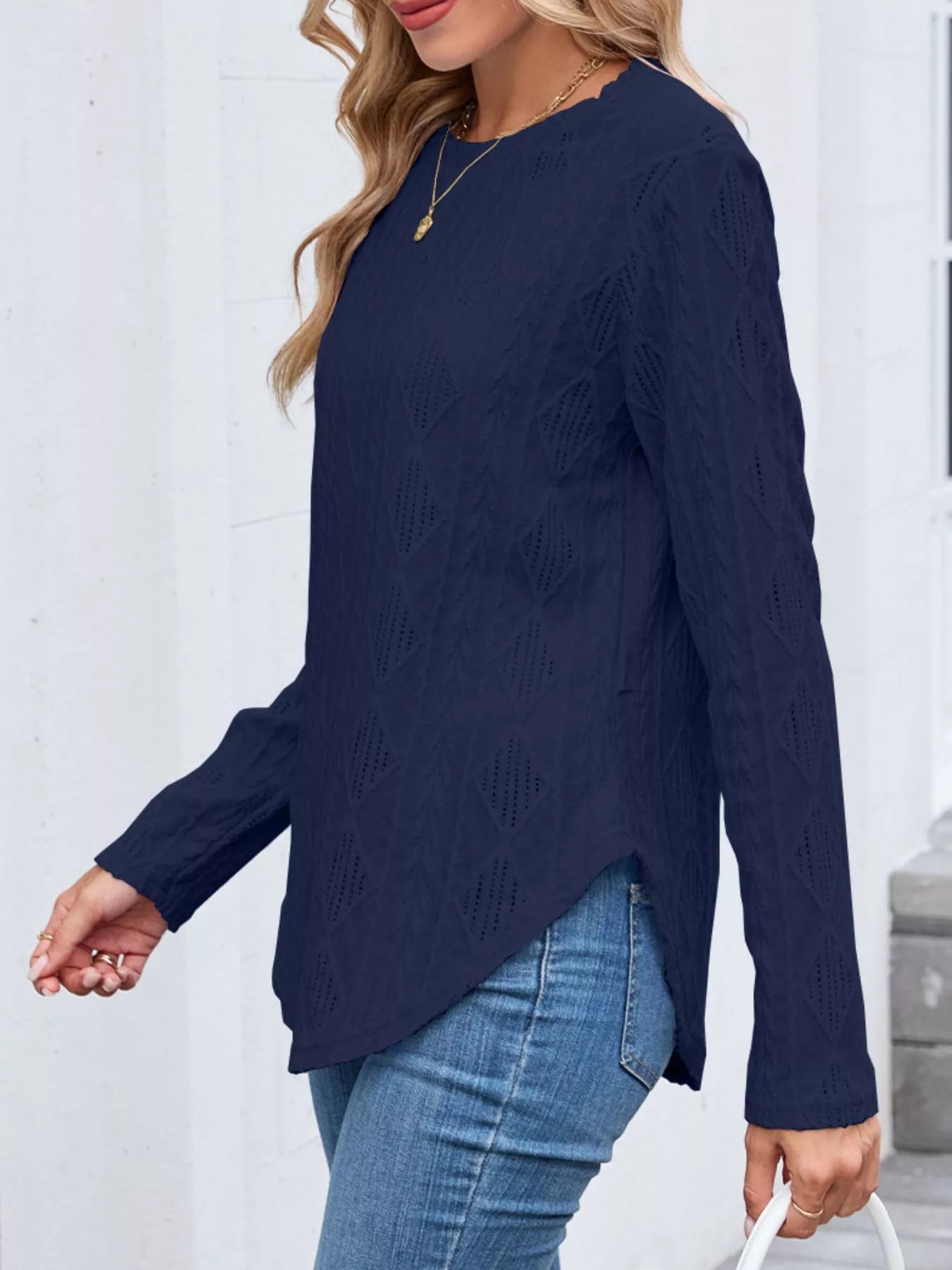 Sarah Express Women's Openwork Textured Long Sleeve Top