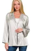 Sarah Express Women’s Silver Metallic Satin Button-Down Shirt Casual Work