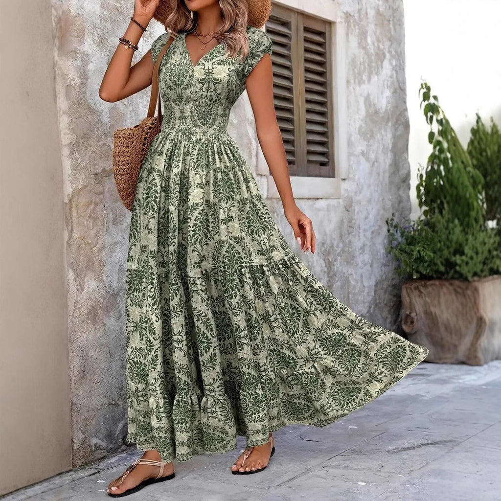 Women's V-Neck Puff Sleeve High Waist Maxi Dress with Flowing Hem